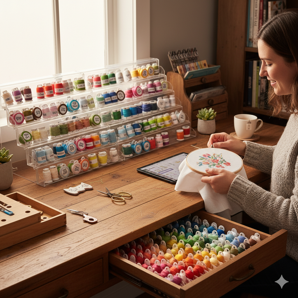 The Art of Cross Stitch: A Tidy Workspace Organized cross stitch supplies on a table. Tags: cross stitch organization, embroidery supplies, craft storage